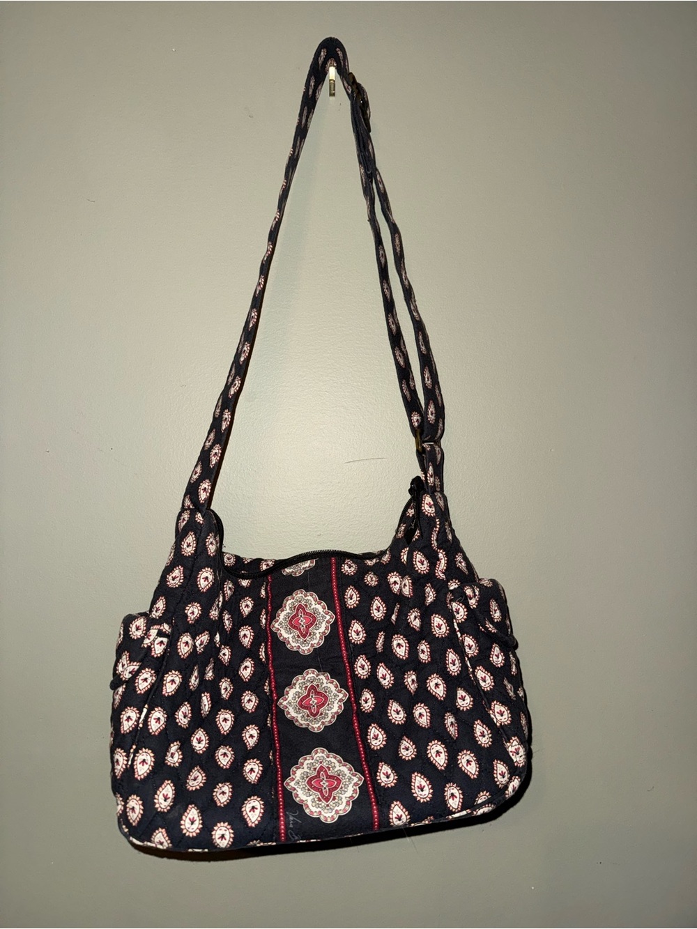 Vera Bradley Black Shoulder Bag with Pink and Cream Medallions